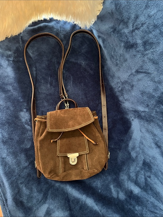 Roots Handbags - Roots Brown Suede leather Mini Drawstring Backpack with Front Clasp